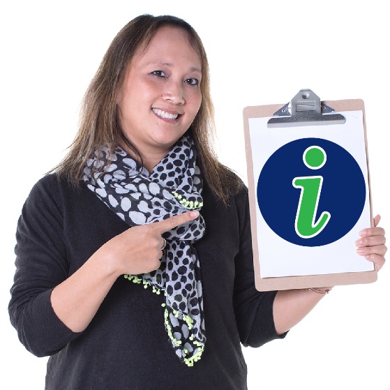 A woman pointing to a clipboard with an information icon on it