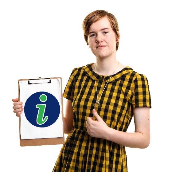 A girl holding a clipboard with an information icon