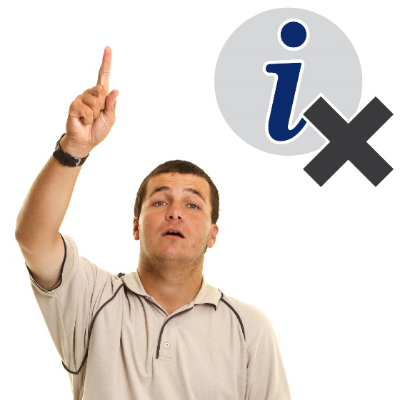 A man raising his hand to say something with an information icon and a cross