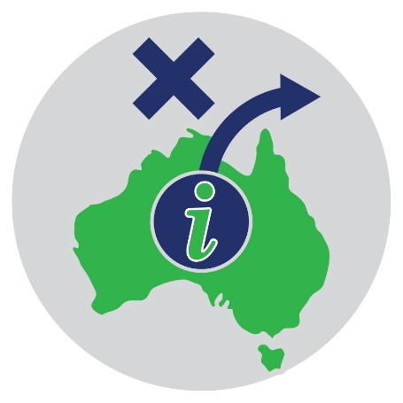 Information icon with an arrow pointing away from Australia, with a cross