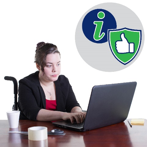 A woman using a laptop with an information icon and a safety icon