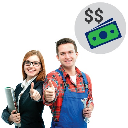 2 workers smiling with thumbs up, with a money icon and dollar signs above them