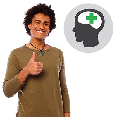 A man smiling with thumbs up, with a brain icon