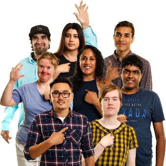 A group of people with 1 hand in the air and the other pointing to themselves