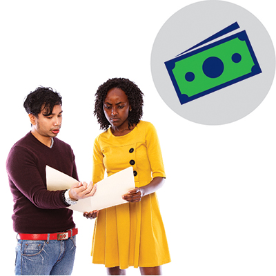 A man and a woman looking at a document with a money icon