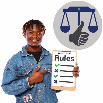 A man holding a clipboard with rules on it. He is pointing to the clipboard and there is a balanced scale icon with a thumbs up icon next to him