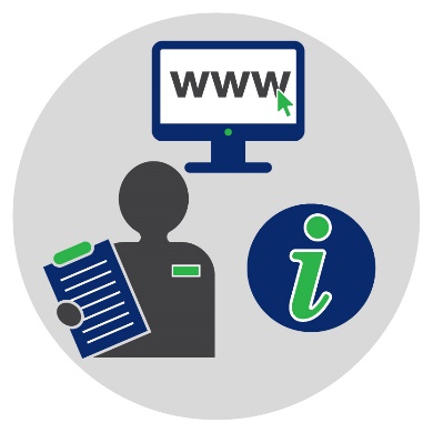 Icons of a computer with a website on it, an information icon and a person wearing a badge and holding a clipboard
