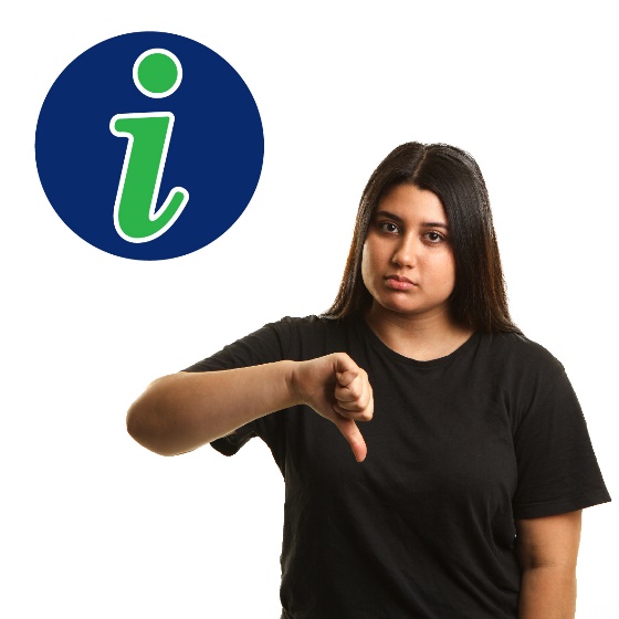 A woman with thumbs down and an information icon