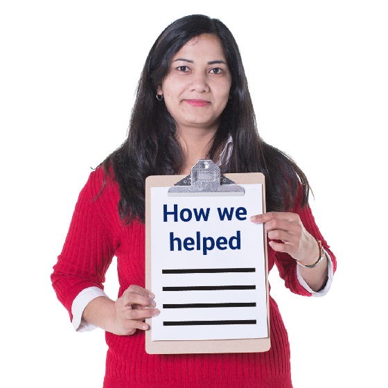 A woman holding a clipboard with the heading 'How we helped'