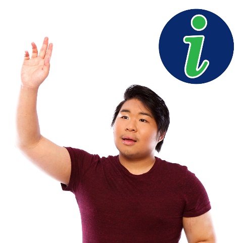 A man raising his hand to say something, with an information icon