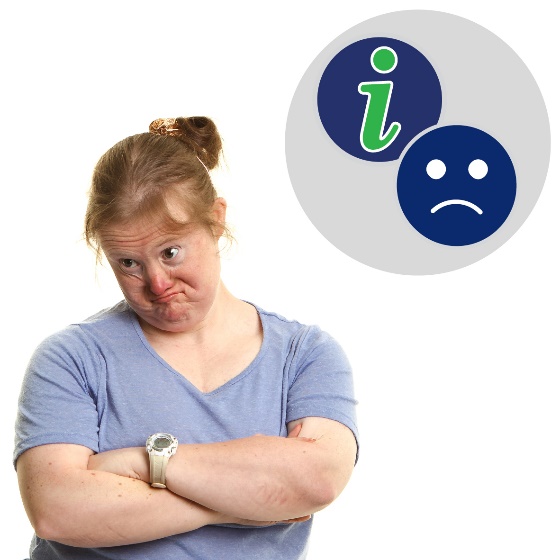 A woman frowning with her arms crossed, with an information icon and a sad face next to her