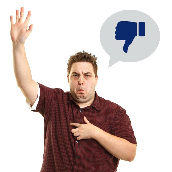 A man pointing toward himself with his other hand raised, he looks upset. Next to him is a speech bubble with a thumbs down inside it. 
