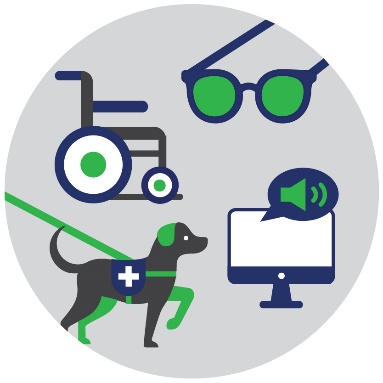 Icons of a wheelchair, a pair of glasses, a service dog and a computer screen with a speech bubble