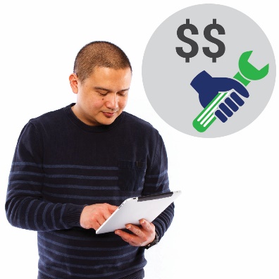 A man using a tablet with an icon of a hand holding a spanner and dollar signs