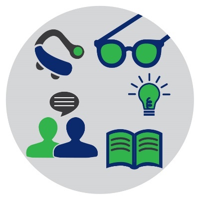 Icons of a hearing aid, a pair of glasses, a lightbulb, 2 people talking and a book