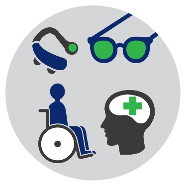 Icons of a hearing aid, a pair of glasses, a person in a wheelchair and a brain icon