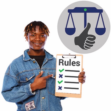 A man pointing to a list of rules with a balance icon and a thumbs up icon
