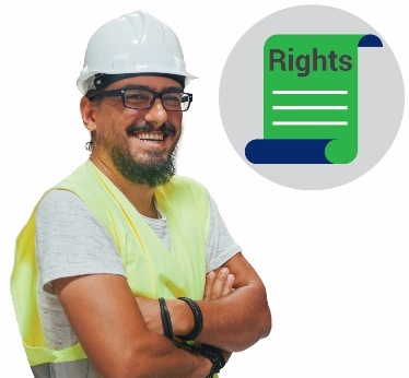 A man wearing a high-visibility vest and a hard hat with a rights icon next to him