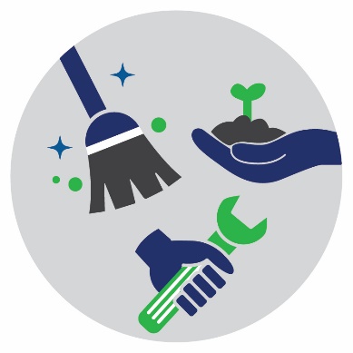 A mop, a hand holding a plant and a hand holding a spanner