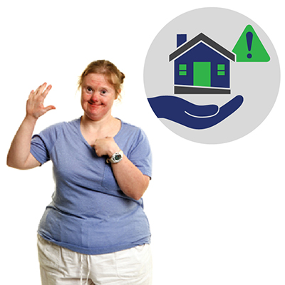 A woman raising her hand. There is a housing icon with an exclamation mark icon next to her