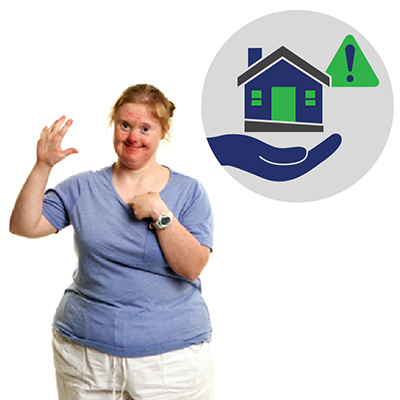 A woman raising her hand. There is a housing icon with an exclamation mark icon next to her