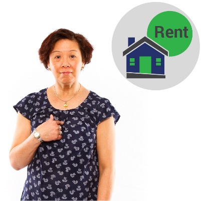 A woman pointing to herself with a house icon with 'rent' above