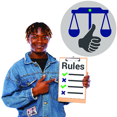 A man pointing to a list of rules with a balance icon and a thumbs up icon
