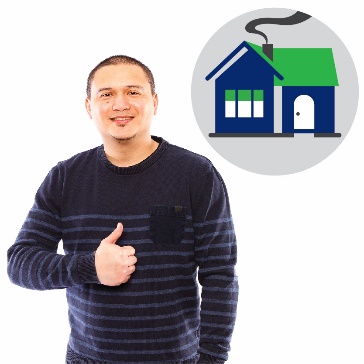 A man with his thumbs up with a housing icon next to him