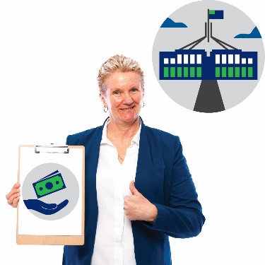 A woman pointing to herself and holding a clipboard with money and support icons on it. There is a government icon next to her