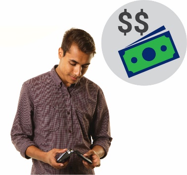 A man in a looking his wallet with a money icon