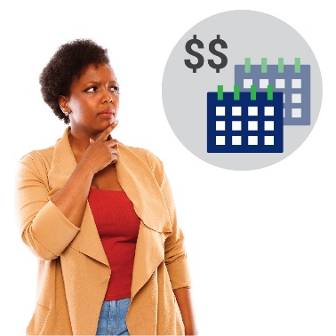 A woman thinking with calendar icons and a dollar sign