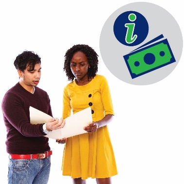 A man and a woman looking at a document together, with a money icon and an information icon next to them