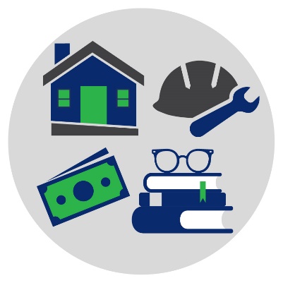 Icons of a house with a ramp, a hard hat and a spanner, a money note and books with reading glasses