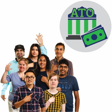 A group of people pointing to themselves and raising their hands, with an ATO and a money icon next to them