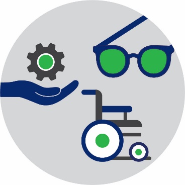 A hand holding a service icon, a glasses icon and a wheelchair