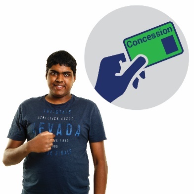A man pointing to himself with a concession card next to him