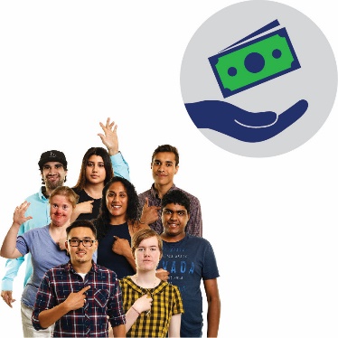 A group of people with 1 hand in the air and the other pointing to themselves. There is a support icon with a money icon next to them