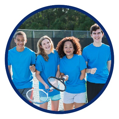 Young people standing together on a tennis court