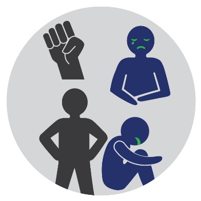 Icons of a fist for violence, a person crying, and a person standing over another person who is looking down