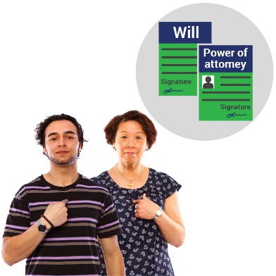 A man and a woman pointing to themselves with a will and a power of attorney icon above them