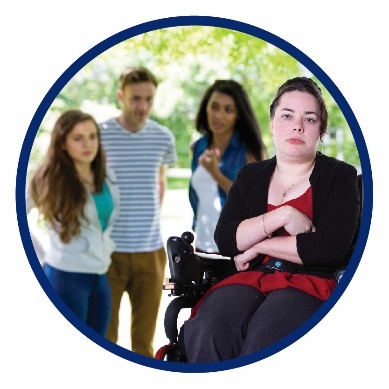 A group of people talking about a woman, who has her arms crossed