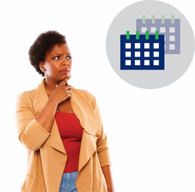 A woman thinking with calendar icons next to her