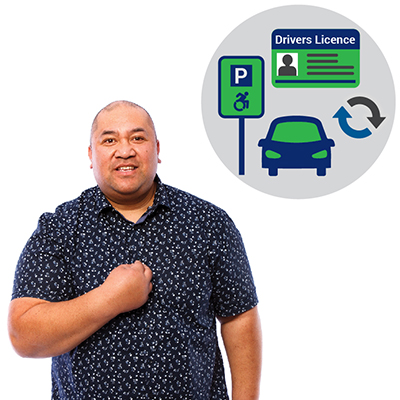 A man smiling with his hand on his chest. There are icons of a parking sign, a drivers licence, a car and a change icon next to him