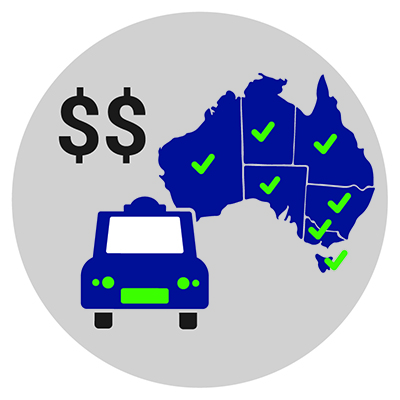 A map of Australia with ticks in each state and territory, a taxi and a dollar sign