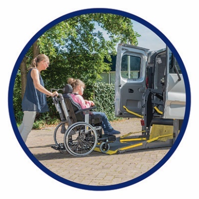 A car with an accessible ramp at the back. A woman is helping another woman in a wheelchair get into the car