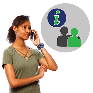 A woman talking on the phone with icons for information and support next to her