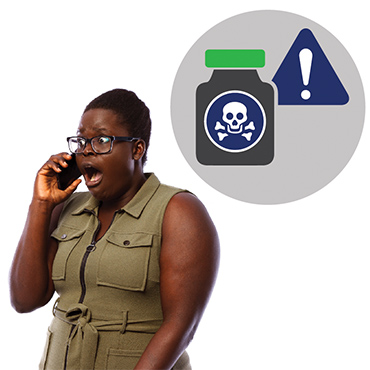 A woman talking on the phone and looking shocked. Above her is a poison icon.
