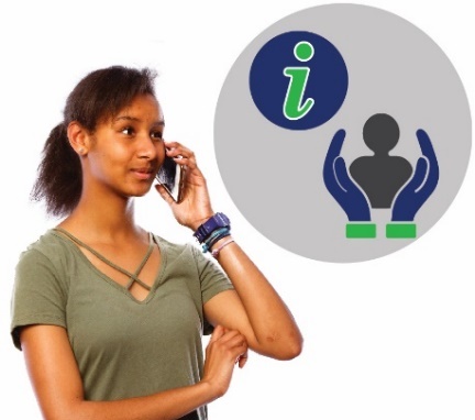 A woman talking on the phone. Above her is an information icon and a support icon.