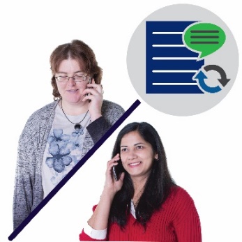 Two women talking on the phone with each other. Above them is an icon of a document, a speech bubble and a change icon.