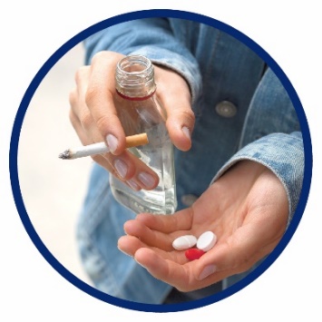 Hands holding an alcohol bottle, a cigarette and some pills.